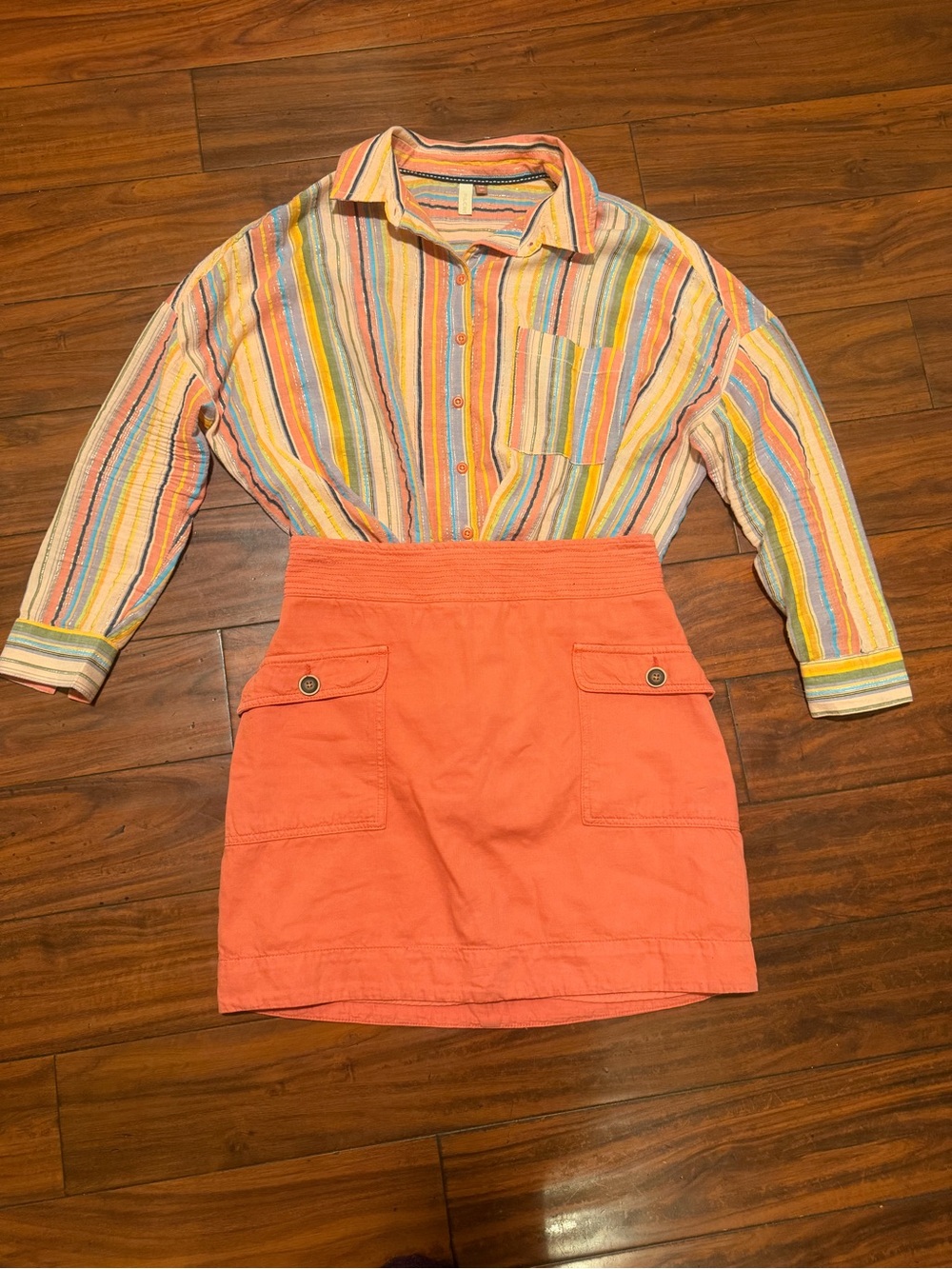 Anthropologie set ,‎ Coral Mini Skirt and pilcro striped top excellent condition
